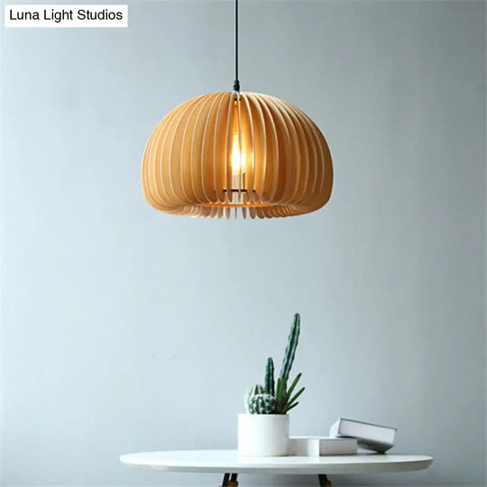 Wooden Asian Dome Ceiling Hanging Light For Restaurants - Stylish 1-Bulb Fixture