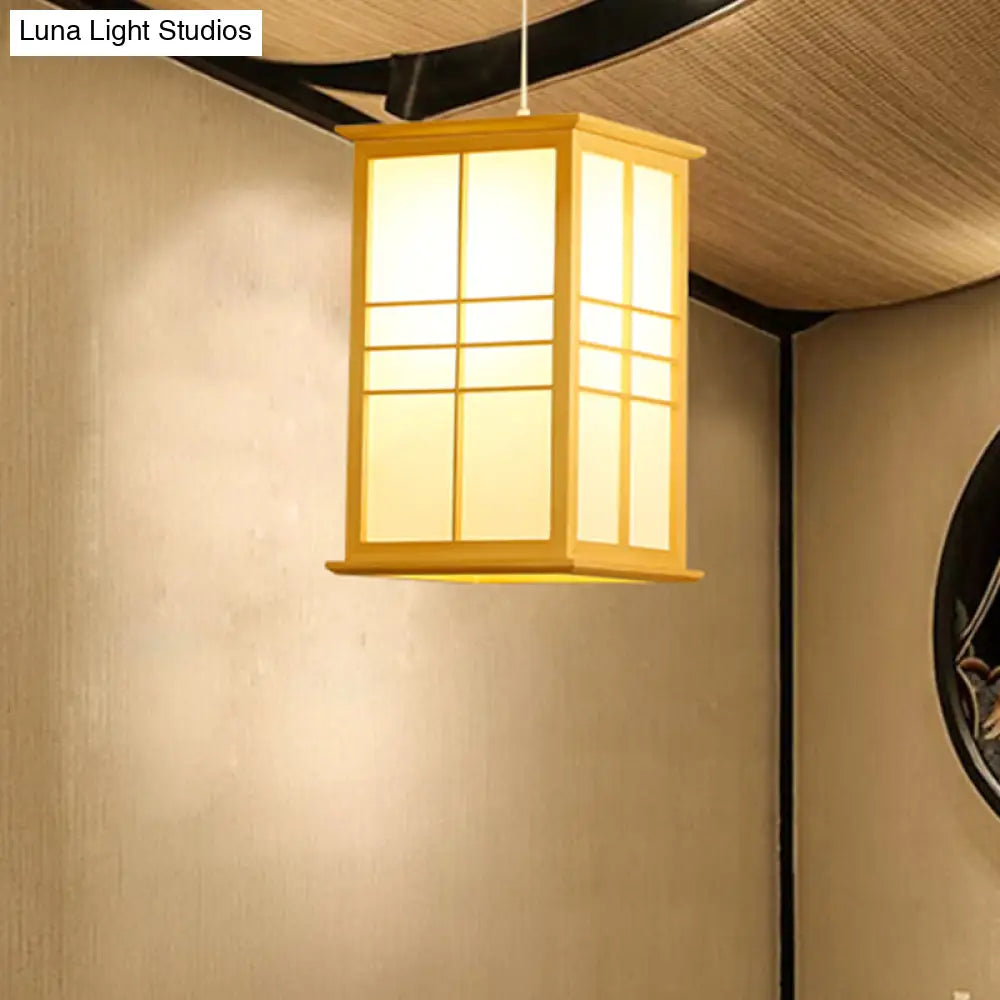 1 Bulb Asia Beige Dining Room Hanging Ceiling Lamp With House Wood Shade