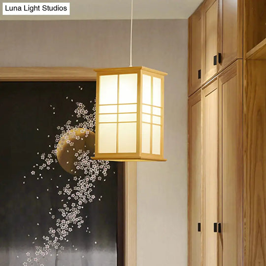 1 Bulb Asia Beige Dining Room Hanging Ceiling Lamp With House Wood Shade