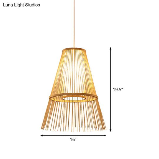 1-Bulb Asian Hanging Lamp With Beige Tapered Bamboo Shade - Pendant Lighting Fixture