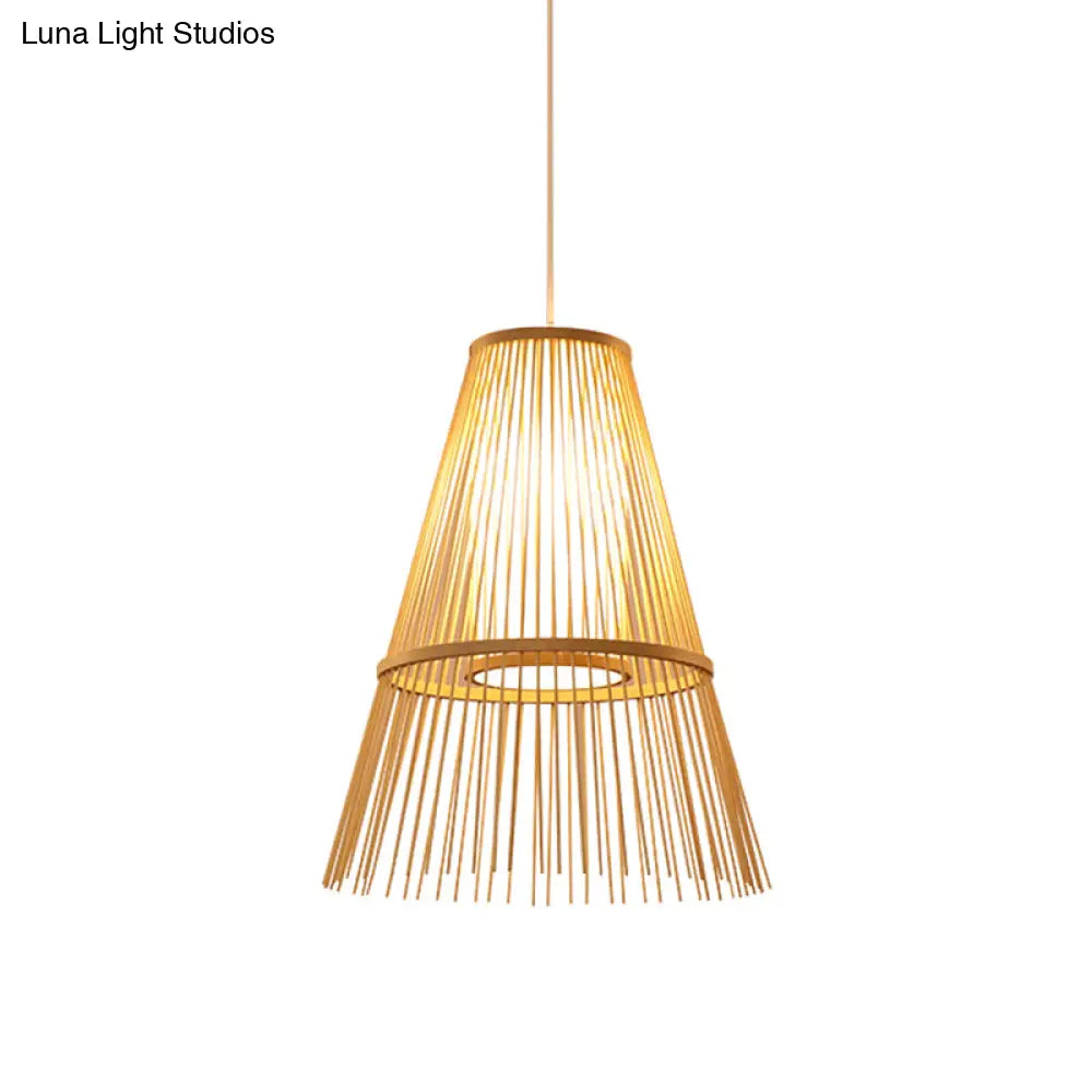 1-Bulb Asian Hanging Lamp With Beige Tapered Bamboo Shade - Pendant Lighting Fixture