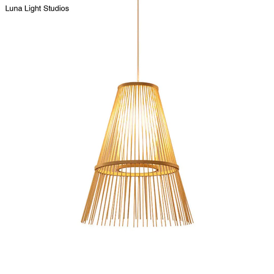 1-Bulb Asian Hanging Lamp With Beige Tapered Bamboo Shade - Pendant Lighting Fixture