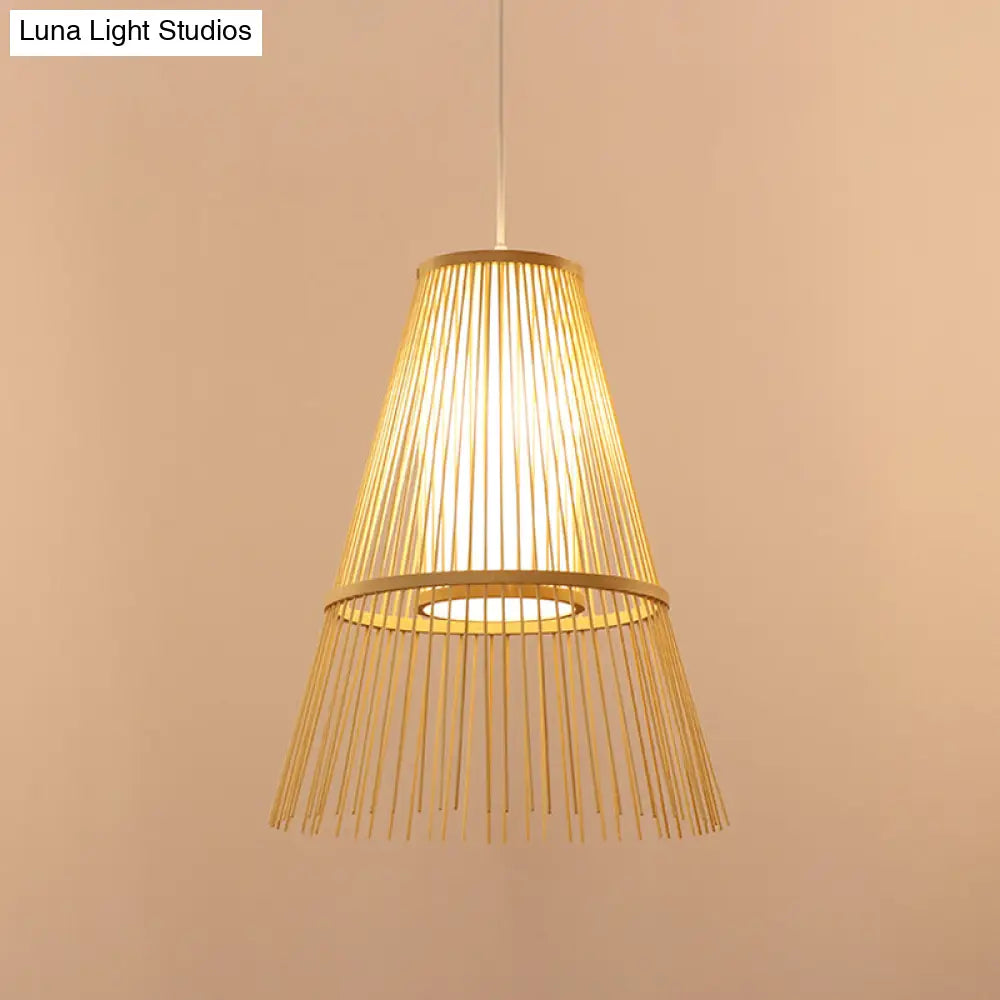 1-Bulb Asian Hanging Lamp With Beige Tapered Bamboo Shade - Pendant Lighting Fixture