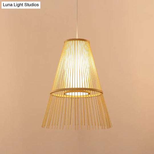 1-Bulb Asian Hanging Lamp With Beige Tapered Bamboo Shade - Pendant Lighting Fixture