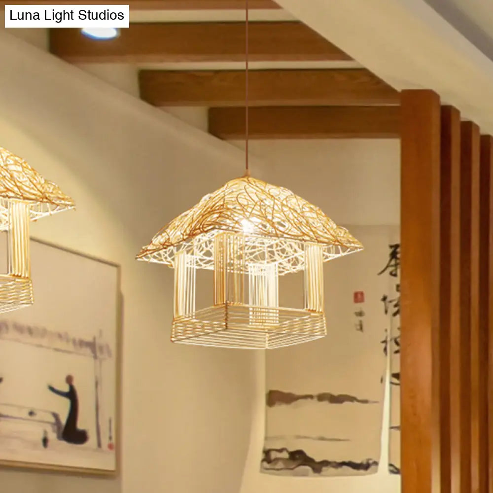 1-Bulb Asian Pendant Light With Bamboo Shade - Beige House Suspended Fixture