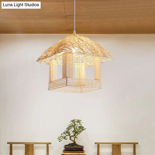 1-Bulb Asian Pendant Light With Bamboo Shade - Beige House Suspended Fixture