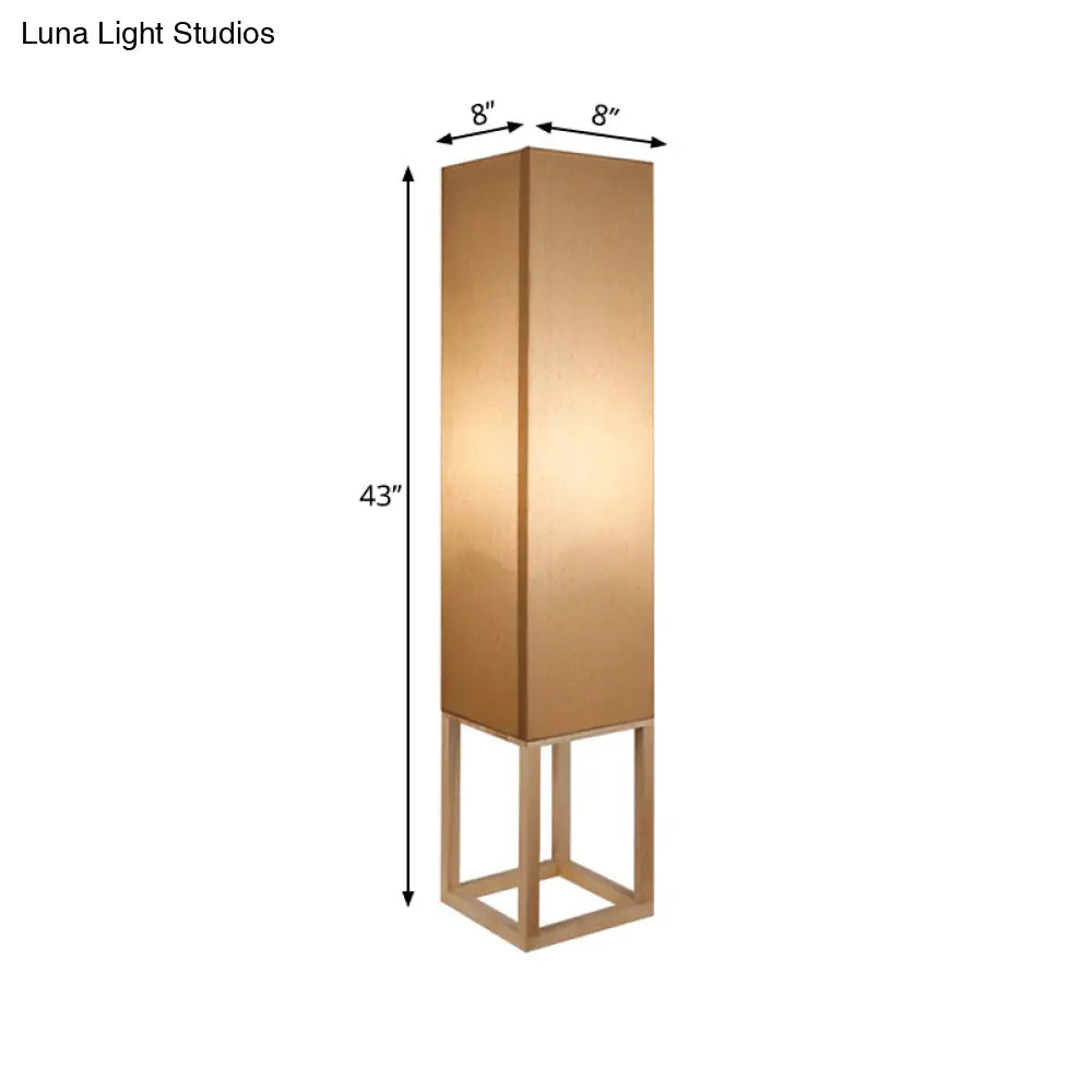 1-Bulb Asian Style Floor Reading Light With Wood Panel Shade In Beige Rectangular Stand Up Design