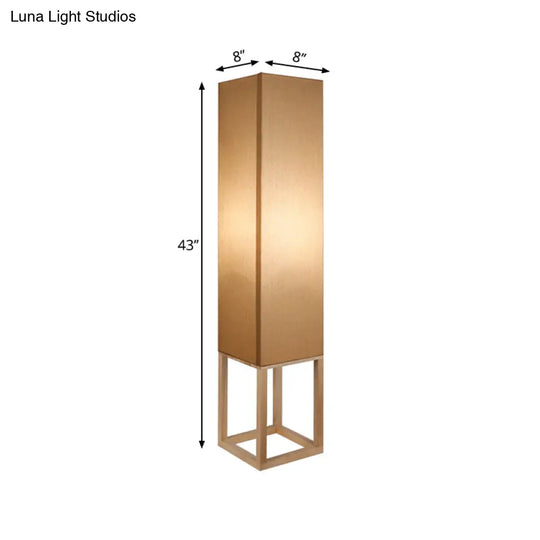 1-Bulb Asian Style Floor Reading Light With Wood Panel Shade In Beige Rectangular Stand Up Design