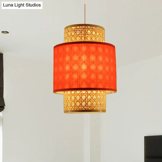 1-Bulb Asian Style Hanging Light: Bamboo & Fabric Shade Red/White Cylinder Ceiling Fixture For