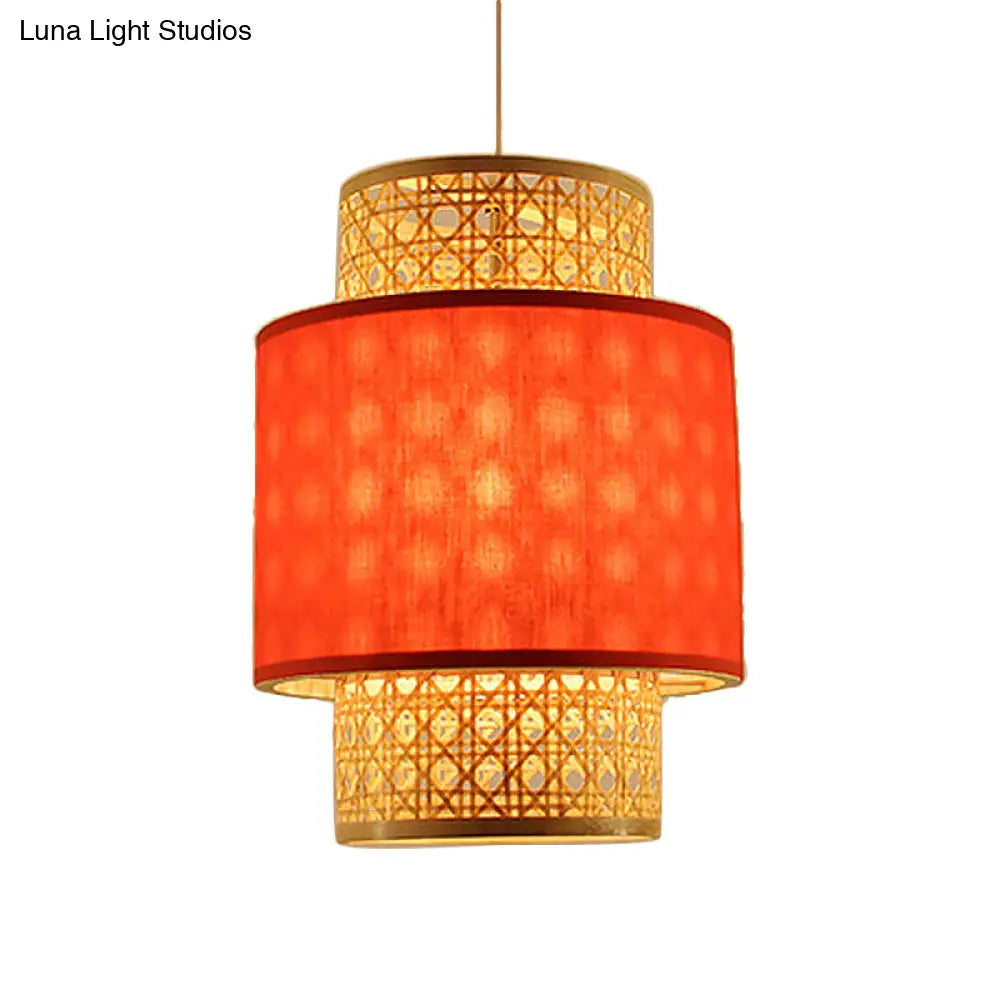 1-Bulb Asian Style Hanging Light: Bamboo & Fabric Shade Red/White Cylinder Ceiling Fixture For