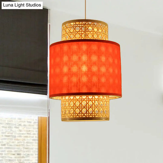 1-Bulb Asian Style Hanging Light: Bamboo & Fabric Shade Red/White Cylinder Ceiling Fixture For