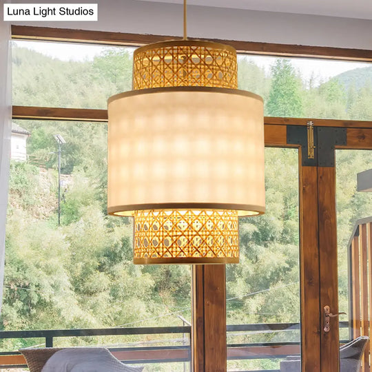 1-Bulb Asian Style Hanging Light: Bamboo & Fabric Shade Red/White Cylinder Ceiling Fixture For