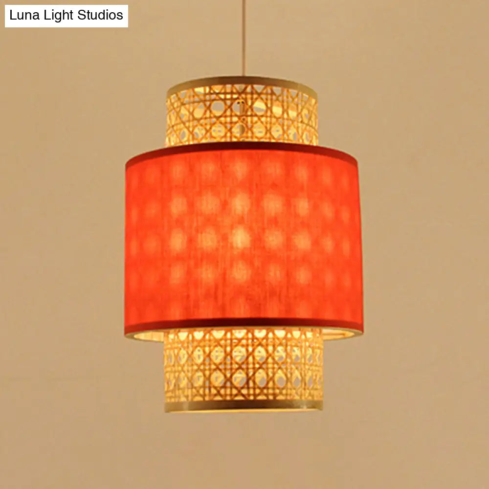 1-Bulb Asian Style Hanging Light: Bamboo & Fabric Shade Red/White Cylinder Ceiling Fixture For