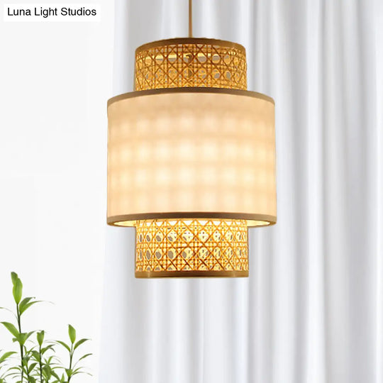 1-Bulb Asian Style Hanging Light: Bamboo & Fabric Shade Red/White Cylinder Ceiling Fixture For