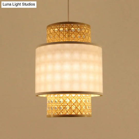 1-Bulb Asian Style Hanging Light: Bamboo & Fabric Shade Red/White Cylinder Ceiling Fixture For