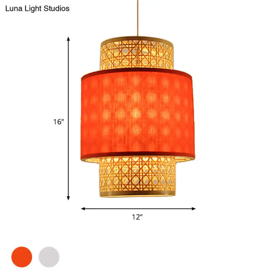 1-Bulb Asian Style Hanging Light: Bamboo & Fabric Shade Red/White Cylinder Ceiling Fixture For