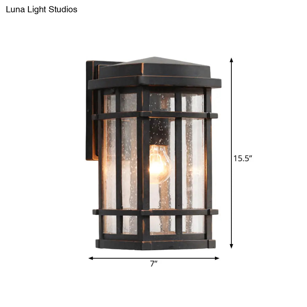 1-Bulb Black Farmhouse Wall Light With Clear Seedy Glass And Metal Frame