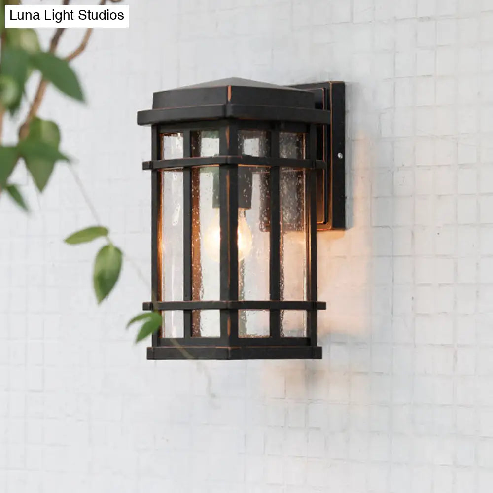 1-Bulb Black Farmhouse Wall Light With Clear Seedy Glass And Metal Frame