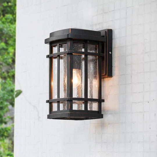 1-Bulb Black Farmhouse Wall Light With Clear Seedy Glass And Metal Frame