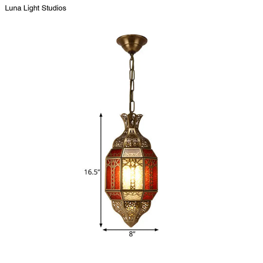 1-Bulb Brass Suspension Lamp - Arab Metal Lantern Ceiling Fixture For Restaurants