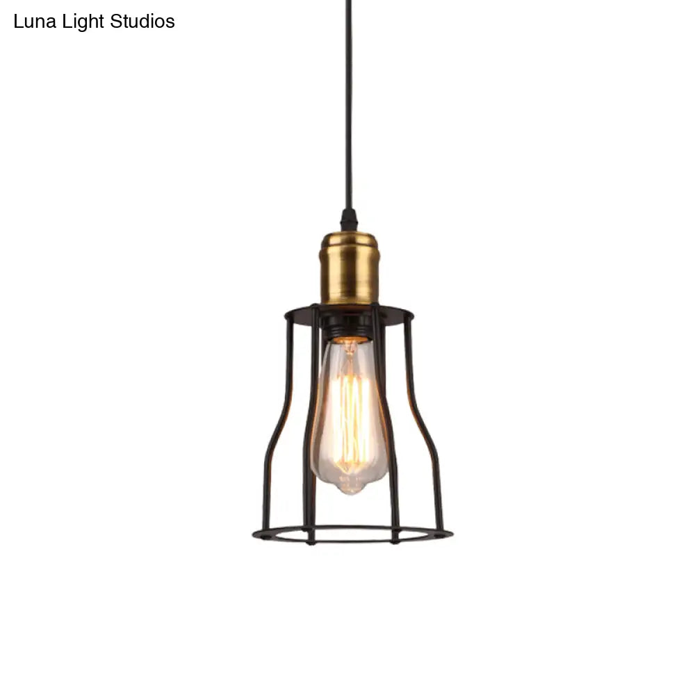 1-Bulb Bronze/Brass Suspended Metal Pendant Lamp - Mini Industrial Wire Cage Light For Living Room