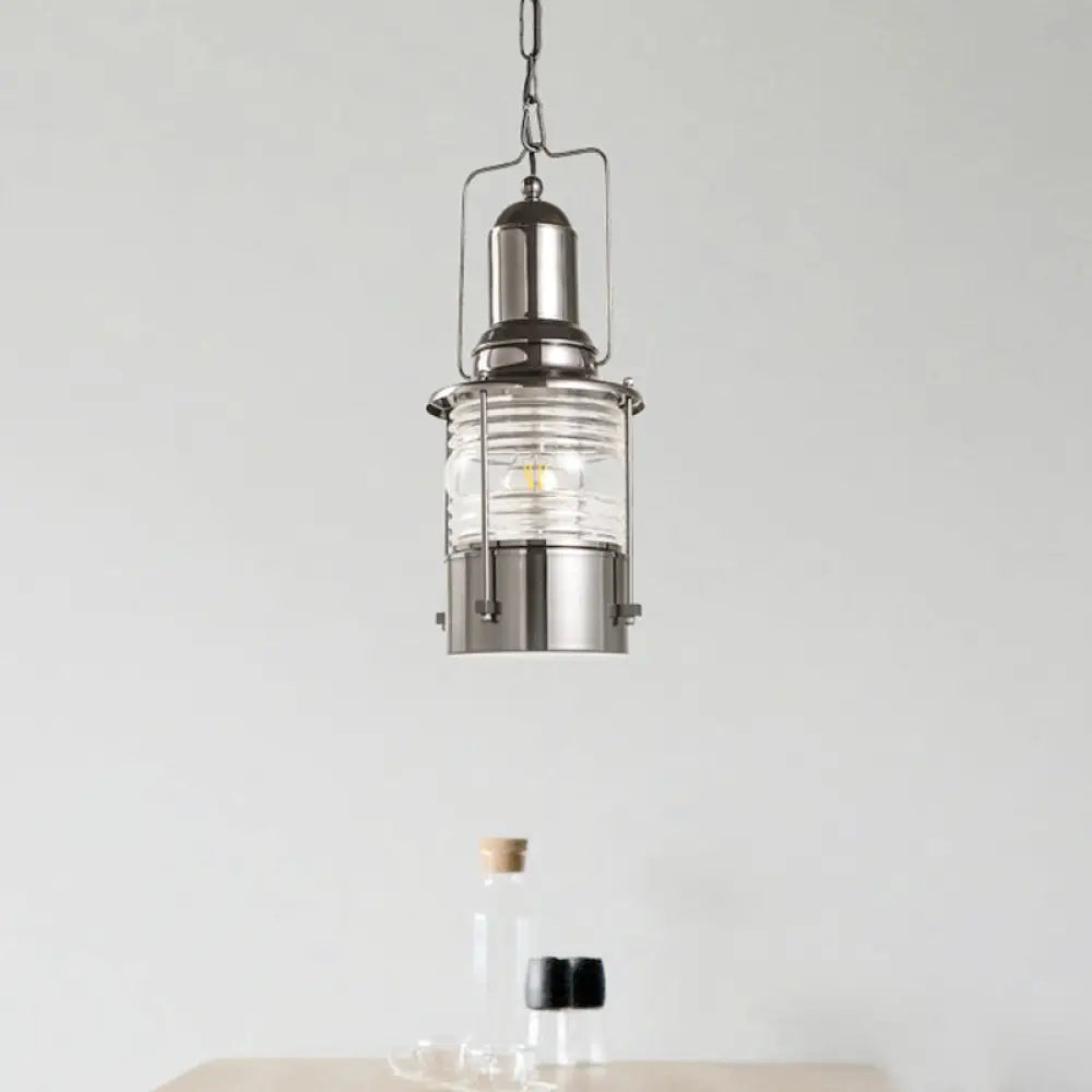 1-Bulb Chrome Industrial Pendant Lamp With Clear Ribbed Glass Cylinder
