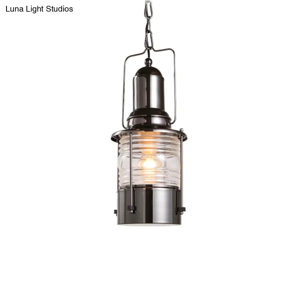 1-Bulb Chrome Industrial Pendant Lamp With Clear Ribbed Glass Cylinder