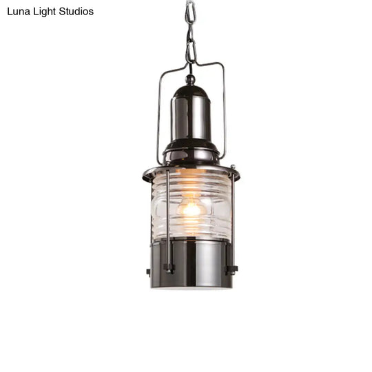 Industrial Chrome Pendant Lamp With Clear Ribbed Glass Cylinder - Stylish Hanging Ceiling Light