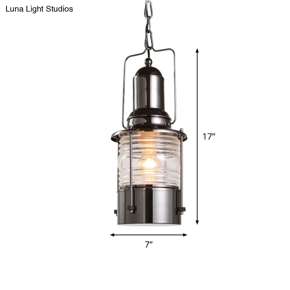 1-Bulb Chrome Industrial Pendant Lamp With Clear Ribbed Glass Cylinder