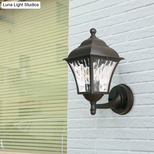 1-Bulb Cottage Yard Sconce Light With Lantern Glass Shade In Dark Coffee