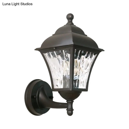 1-Bulb Cottage Yard Sconce Light With Lantern Glass Shade In Dark Coffee