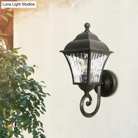 1-Bulb Cottage Yard Sconce Light With Lantern Glass Shade In Dark Coffee