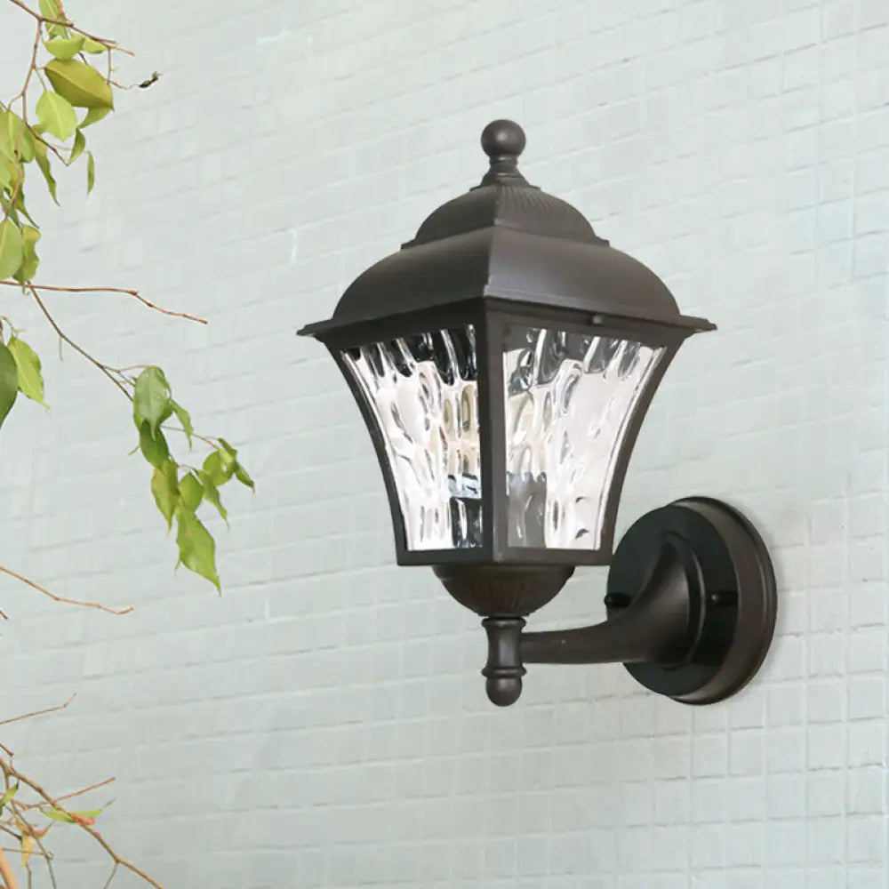 1-Bulb Cottage Yard Sconce Light With Lantern Glass Shade In Dark Coffee / A