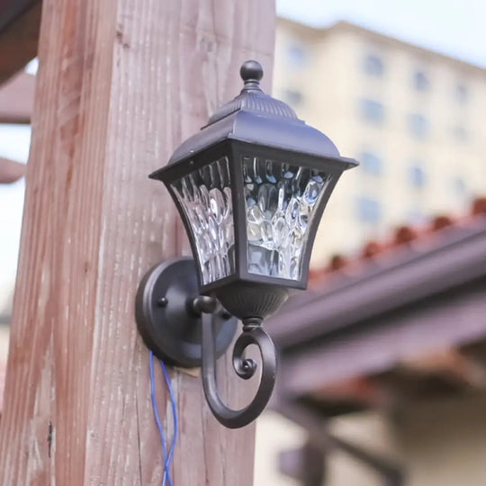 1-Bulb Cottage Yard Sconce Light With Lantern Glass Shade In Dark Coffee / B