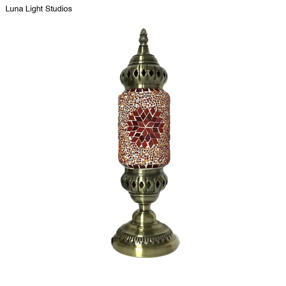 1-Bulb Cylinder Night Table Lamp With Red/Blue Glass Shade & Brass Metal Base - Task Lighting