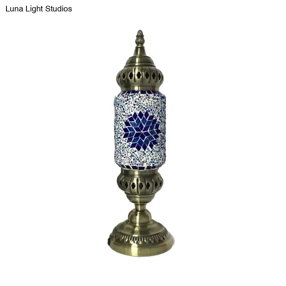 1-Bulb Cylinder Night Table Lamp With Red/Blue Glass Shade & Brass Metal Base - Task Lighting