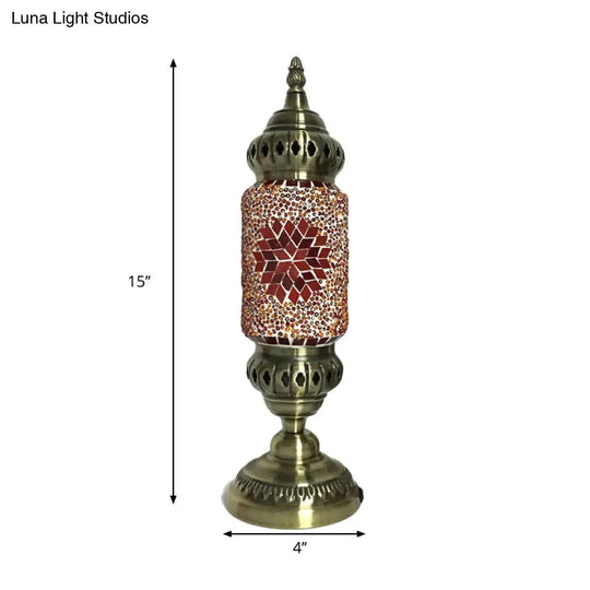 1-Bulb Cylinder Night Table Lamp With Red/Blue Glass Shade & Brass Metal Base - Task Lighting