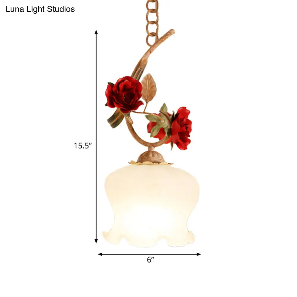 1 Bulb Down Pendant Lamp In Red With Frosted Glass & American Flower Lettuce-Edge Design