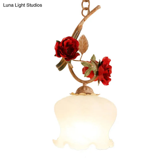 1 Bulb Down Pendant Lamp In Red With Frosted Glass & American Flower Lettuce-Edge Design