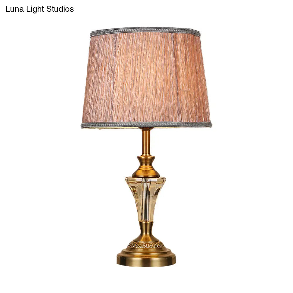 1-Bulb Gold Barrel Nightstand Lamp With Fabric Shade - Contemporary Reading Light