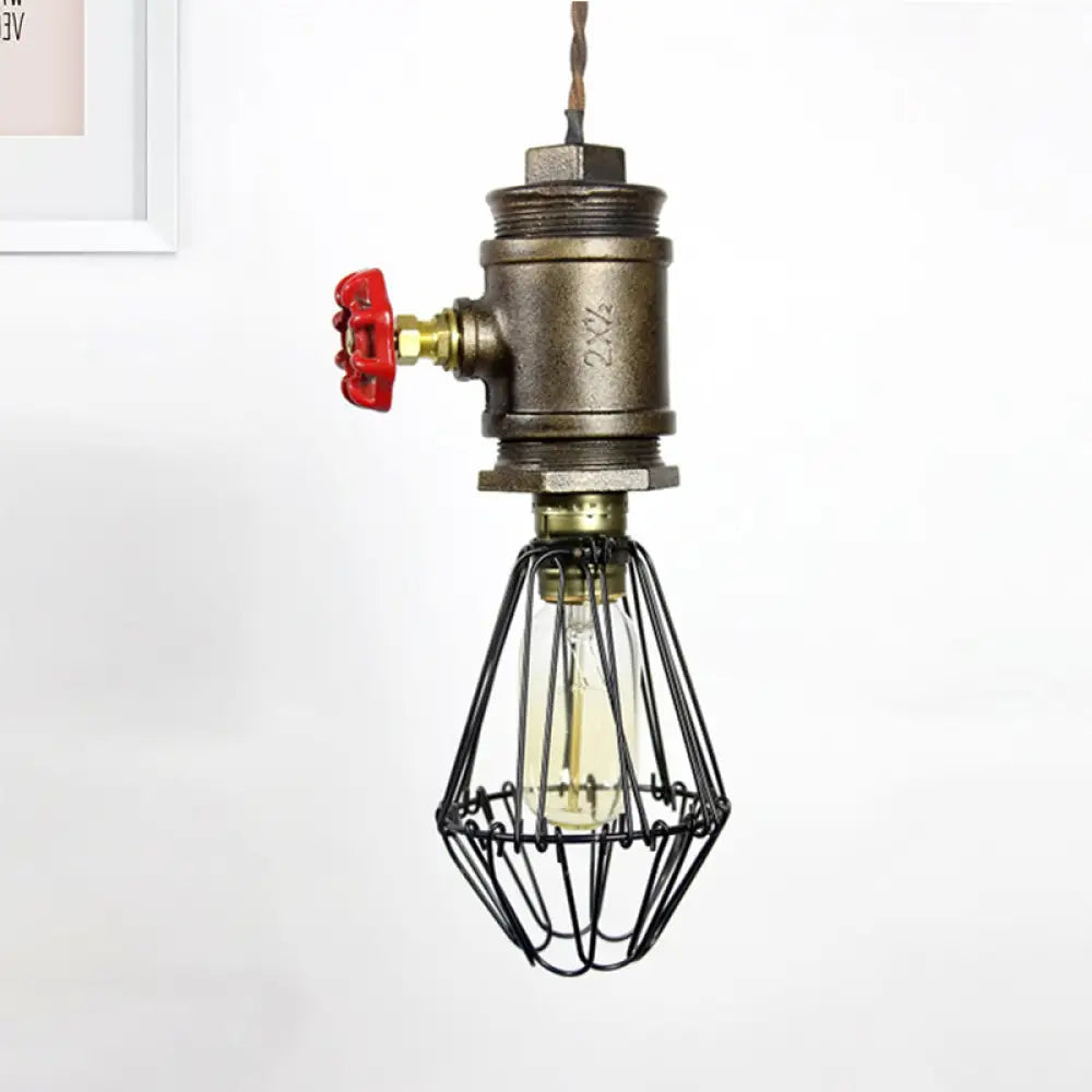 1-Bulb Industrial Wire Pendant Lighting With Red Valve - Bronze Ceiling Fixture