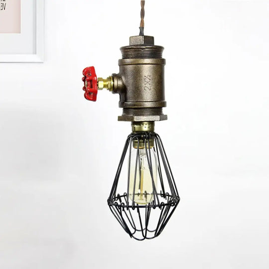 1-Bulb Industrial Wire Pendant Lighting With Red Valve - Bronze Ceiling Fixture