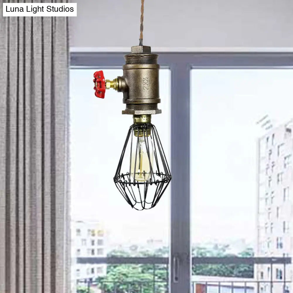 1-Bulb Industrial Wire Pendant Lighting With Red Valve - Bronze Ceiling Fixture