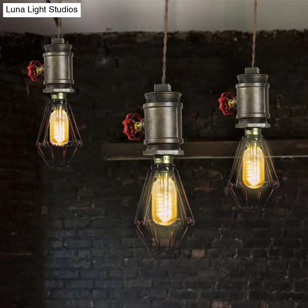 Bronze Industrial Wire Frame Pendant Light With Red Valve - 1 Bulb Wrought Iron Ceiling Fixture