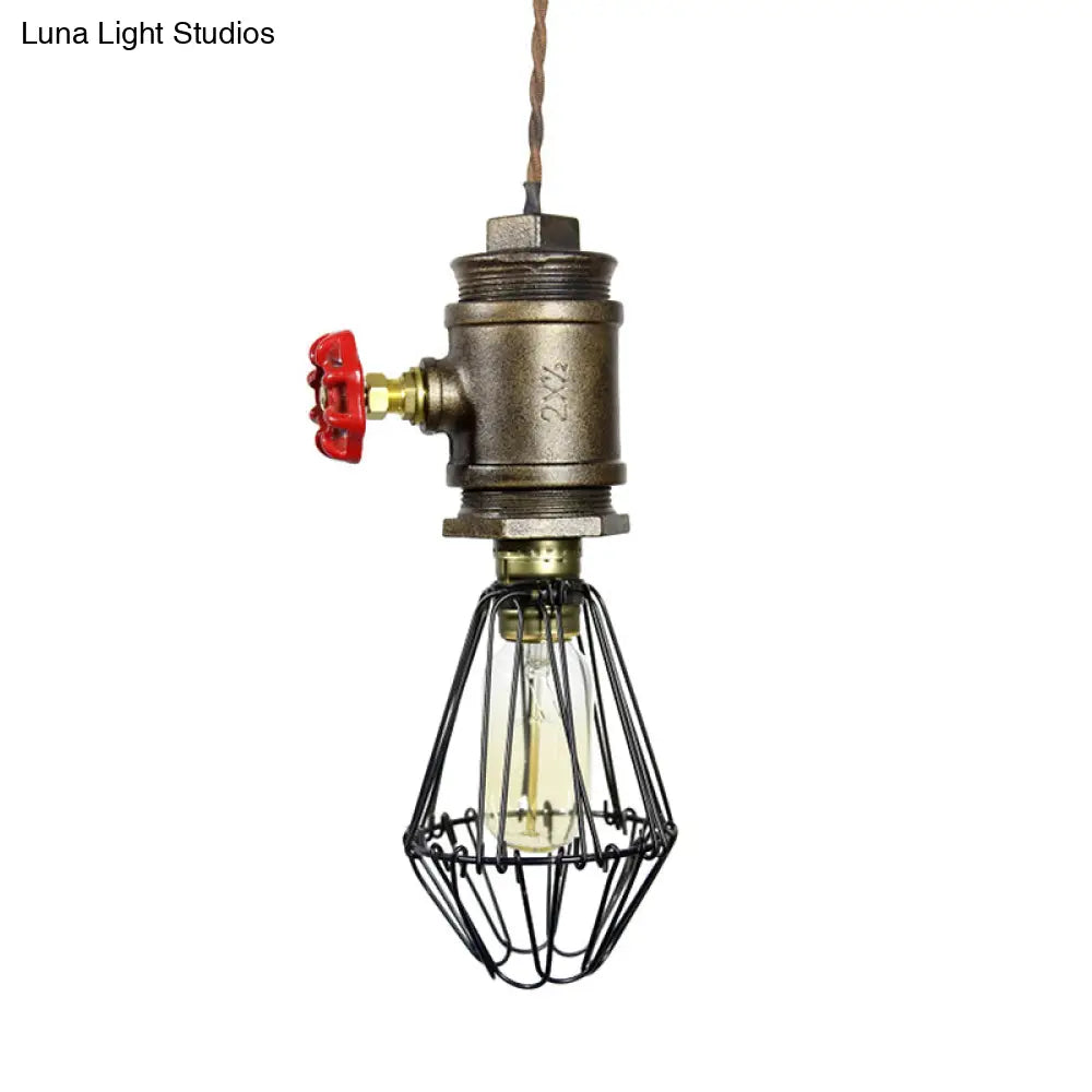 1-Bulb Industrial Wire Pendant Lighting With Red Valve - Bronze Ceiling Fixture