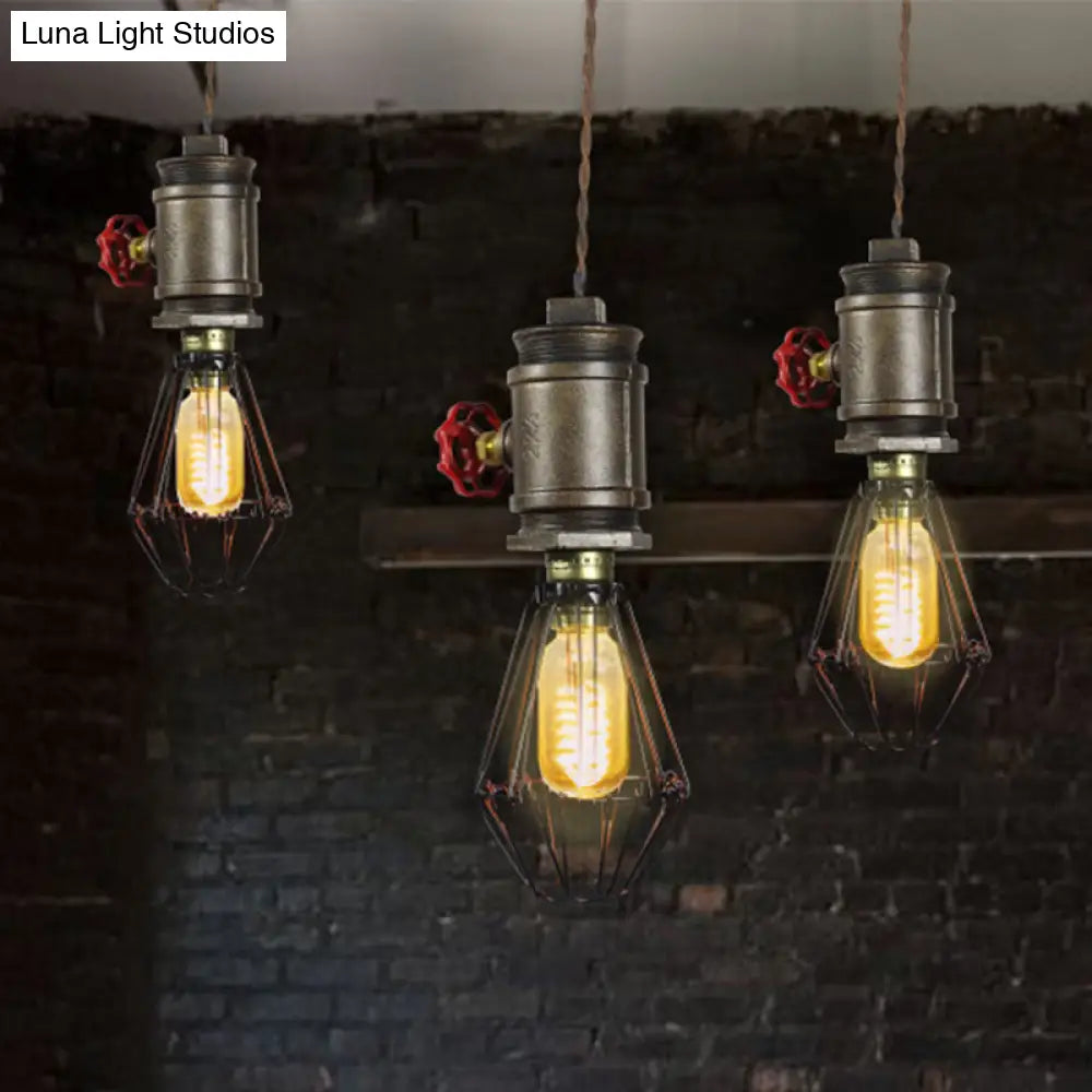 1-Bulb Industrial Wire Pendant Lighting With Red Valve - Bronze Ceiling Fixture