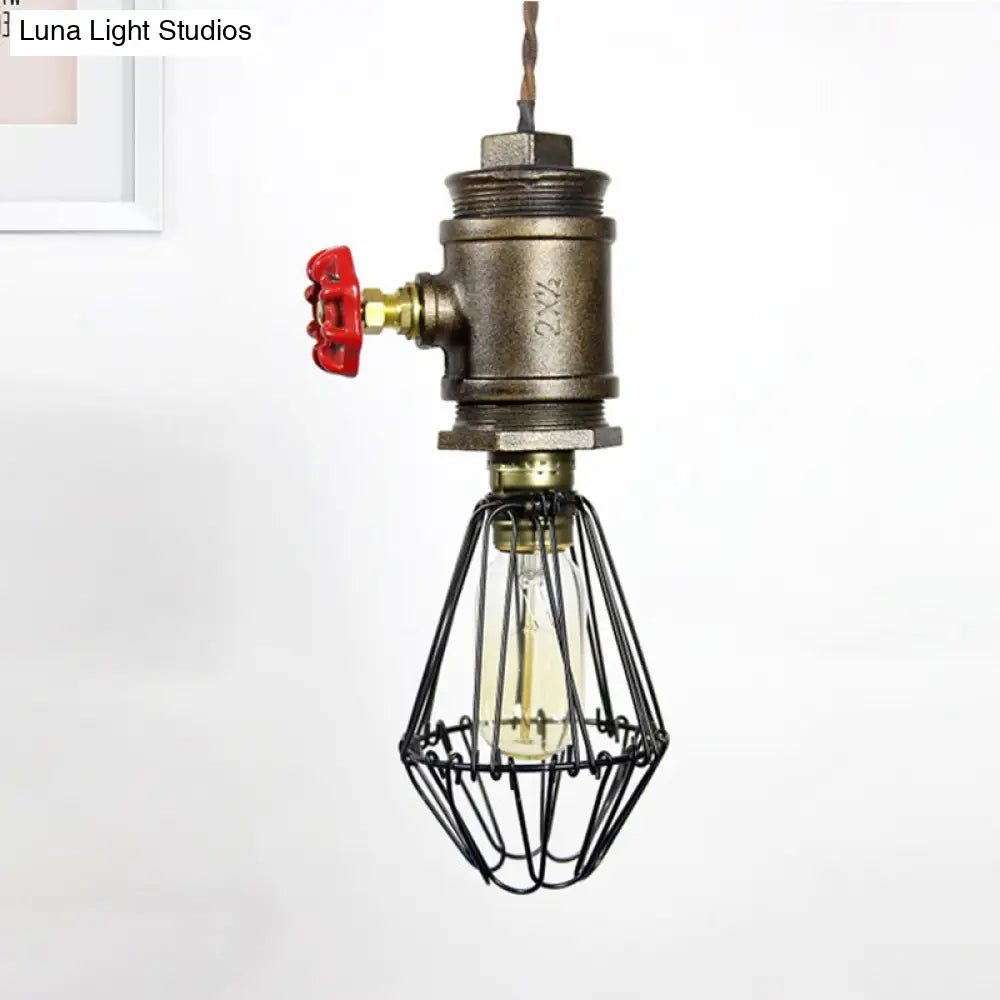 Bronze Industrial Wire Frame Pendant Light With Red Valve - 1 Bulb Wrought Iron Ceiling Fixture