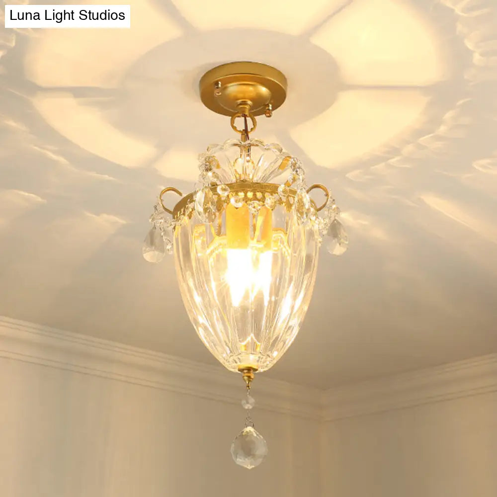 1-Bulb Semi Flush Gold Ceiling Light With Traditional Ribbed Crystal Bell Design