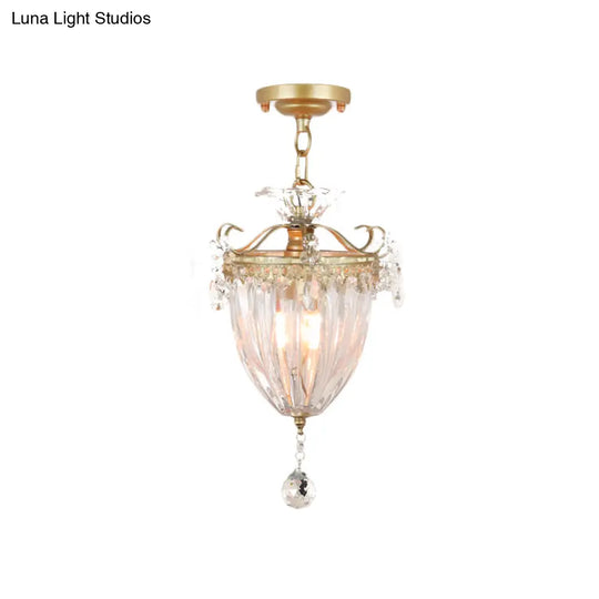 1 - Bulb Semi Flush Gold Ceiling Light With Traditional Ribbed Crystal Bell Design