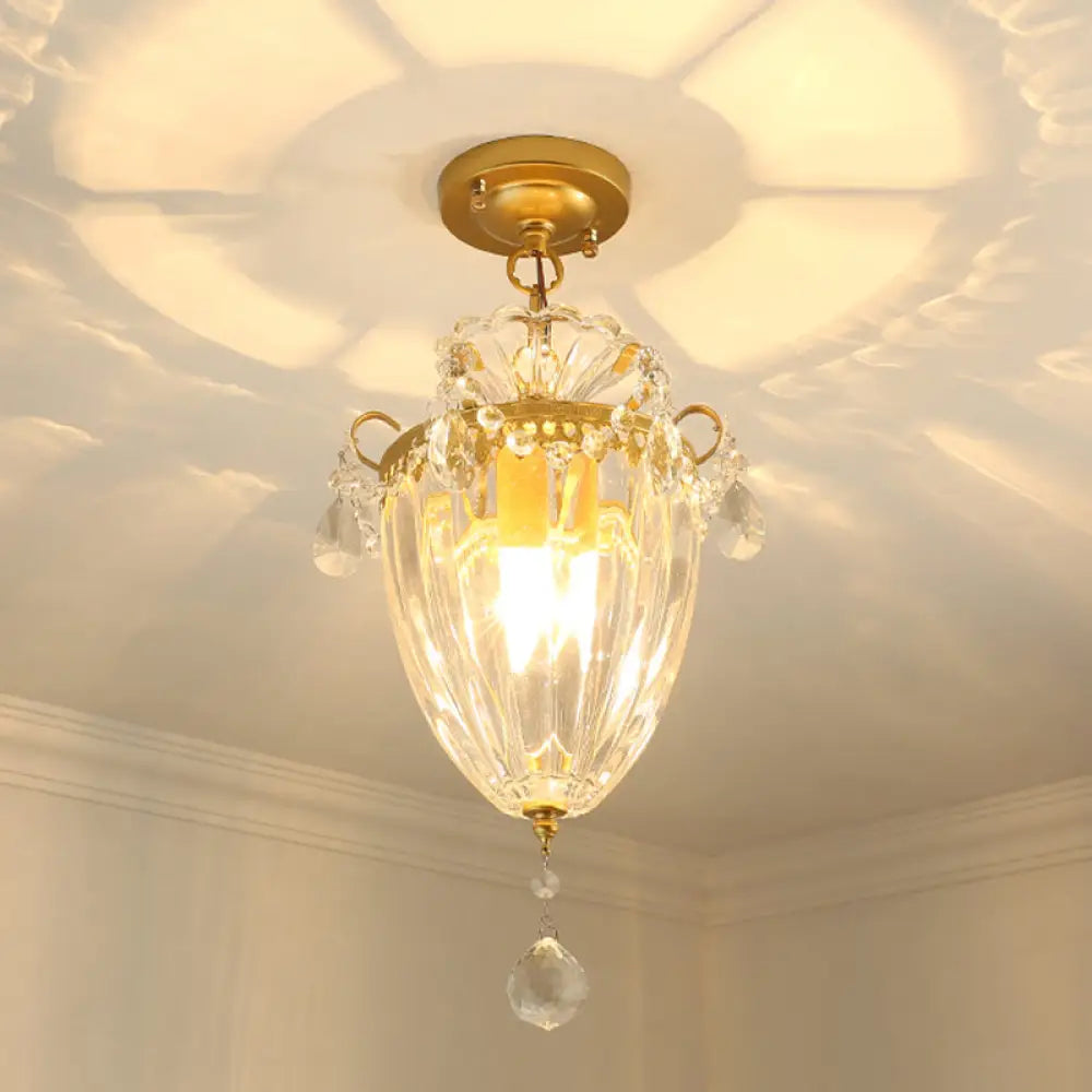 1 - Bulb Semi Flush Gold Ceiling Light With Traditional Ribbed Crystal Bell Design